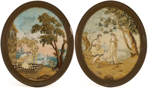 2 French Oval Silk Embroidered & Painted Pictures
