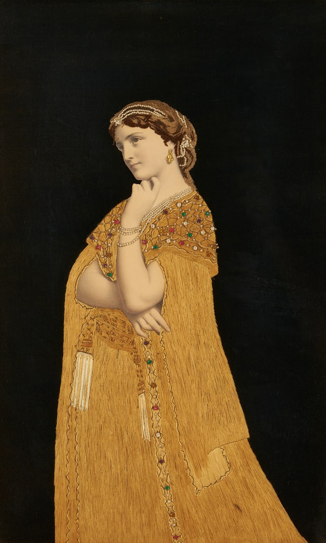 Art Nouveau Silk Embroidered Print, Lalla Rookh: Late 19th Century Art Nouveau silk embroidered print depicting "Lalla Rookh" in an ornate gown, hand embellished with metallic gold threads, pearls, and faux jewels, on a black backgrou