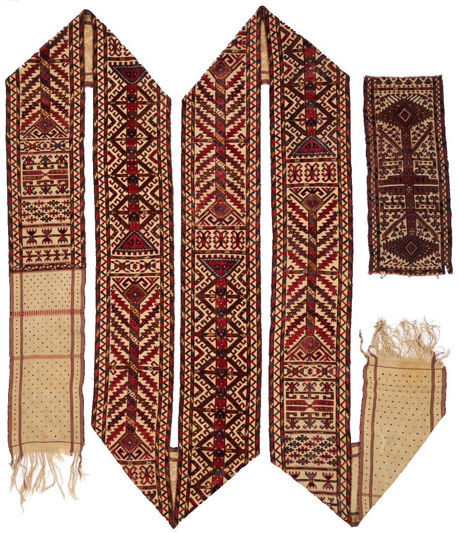 Full Yomud Tent Band & Yomud Tent Band Fragment: 1st item: A complete Turkmen Yomud or Yomut tent band, wool on wool, woven in geometric designs in red, gold, and blue colors. 41 ft 6 in x 1 ft 6 in. Circa 1880. 2nd item: Turkmen Yomud or