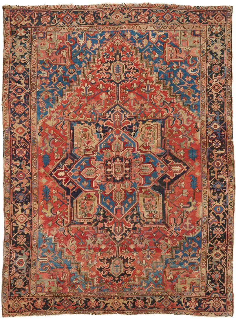 Persian Heriz Rug, 8 x 10: Persian Heriz rug or carpet, wool on cotton. Large central medallion on a brick red or dark orange ground, with various foliate and palmette designs flanked by blue ground foliate spandrels, all withi