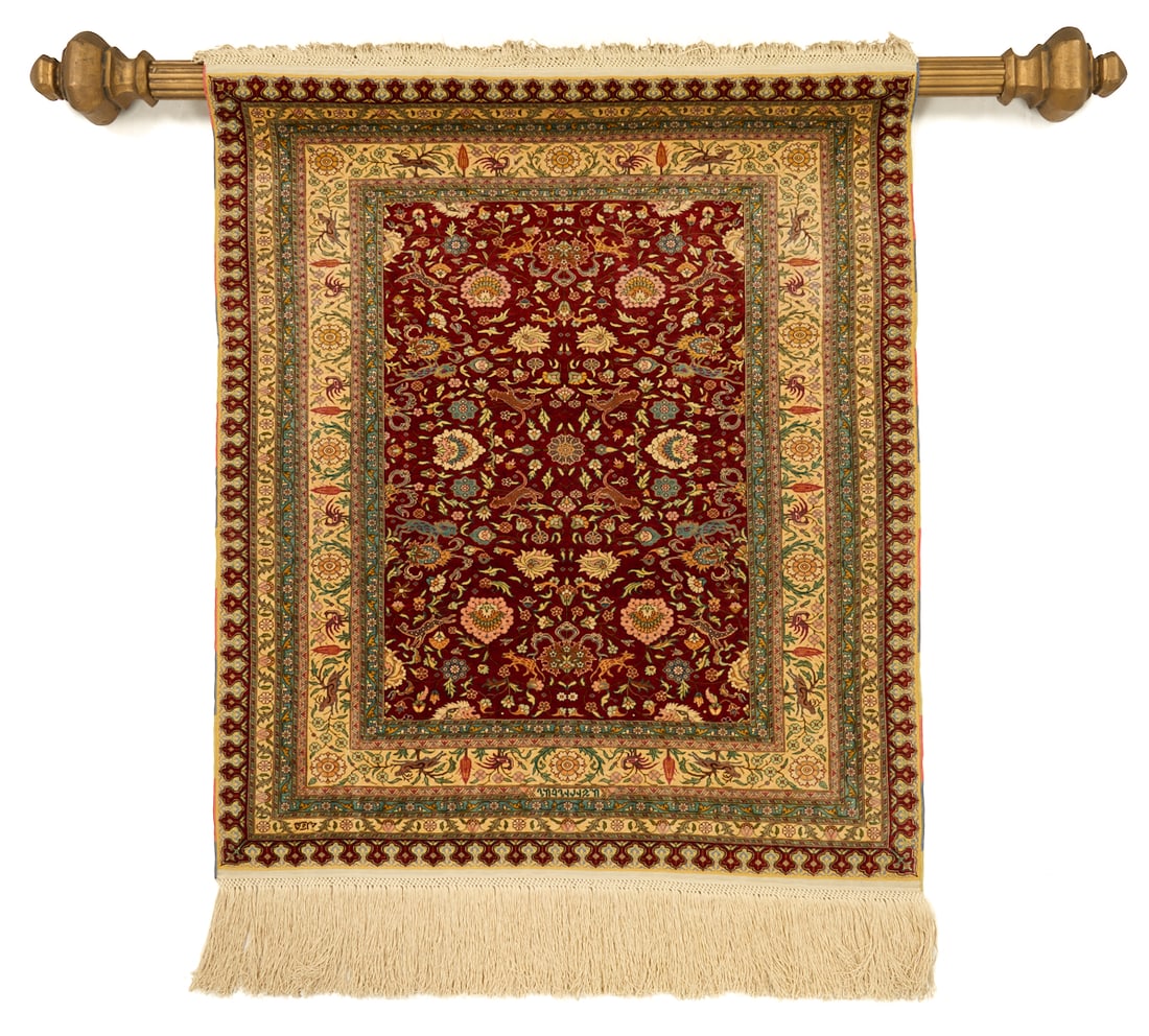 Signed Turkish Shirinian Silk Hereke, Animal Motif: Vintage signed Turkish Shirinian Hereke, silk on silk, central brick red field with scrolling foliate and cat designs within multiple borders, including one with deer, bird, and floral designs. Signed