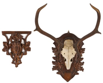 Black Forest Carved Stag Head and Mounted Antlers