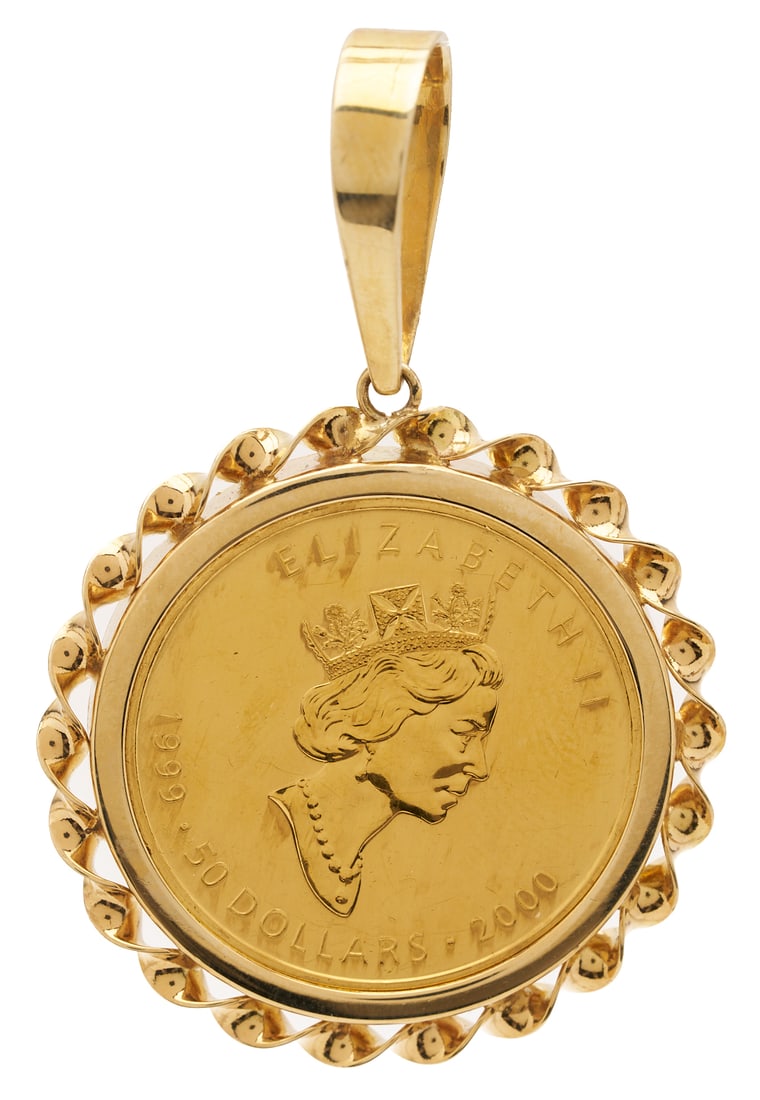 Queen Elizabeth Millennial Maple Gold 1 oz Troy Coin and 14K Pendant: 14K yellow gold bezel pendant with a 1 troy ounce commemorative gold maple leaf .9999 gold coin. The coin is marked 9999 and XRF tests 24K gold and the bezel XRF tests 14K gold. The bezel is 2 1/4