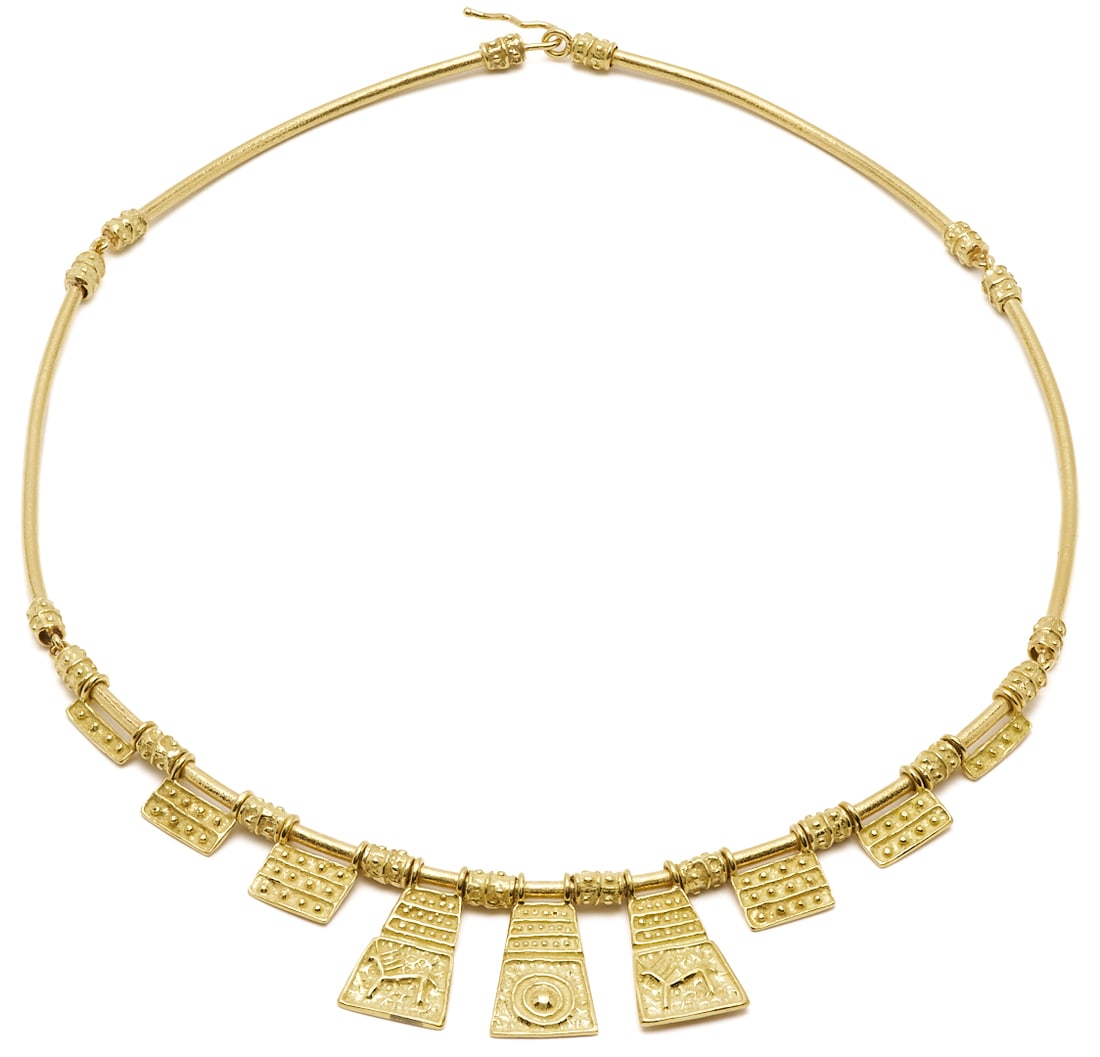 18K Gold Etruscan Revival Style Necklace: Ladies' 18K yellow gold Etruscan revival style necklace. The necklace is marked "750" and XRF tests 18K gold, The necklace is 16 in. L. and has a weight of 34.25
