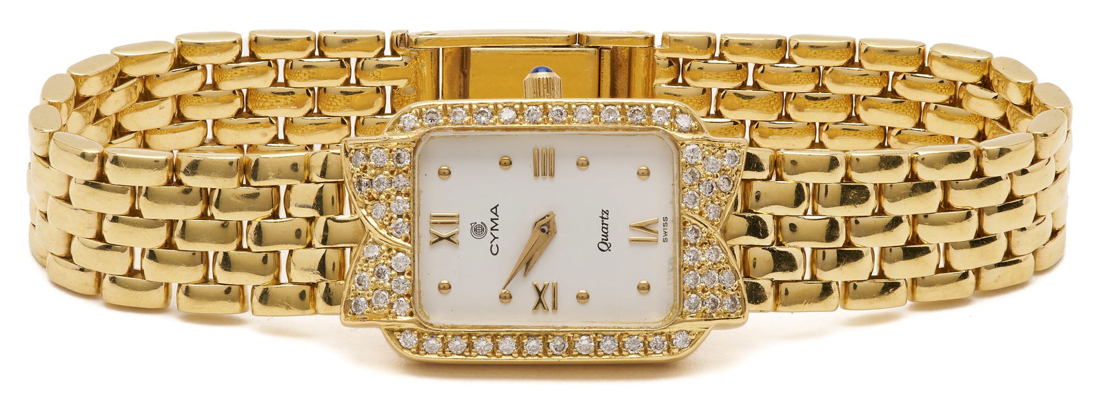 18K Gold & Diamond CYMA Lady's Watch: Ladies 18K yellow gold wrist watch by CYMA featuring fifty-six (56) round brilliant cut diamonds approximately 1.12 carats together, Clarity-VS2, Color-I. The watch is marked "18K 750" and