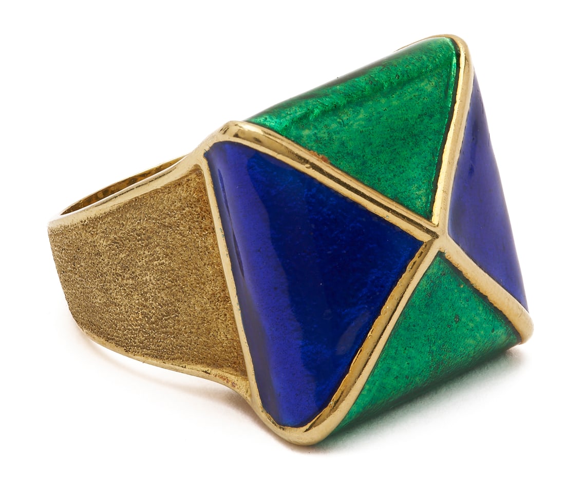18K Yellow Gold & Enamel Ring: 18K yellow brushed gold ring, square form with blue and green geometric enamel decoration. The ring XRF tests 18K gold. The ring is size 9 and weighs of 32.58 grams.Additional high-resolution photos