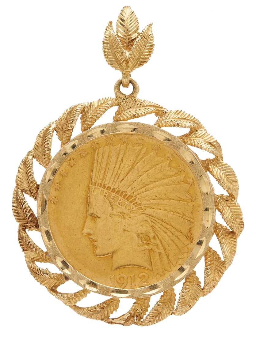 1912 Indian Eagle $10 Gold Coin w/ 14K Bezel: 1912 Indian Eagle $10 gold coin designed by Augustus Saint-Gaudens. Featuring a Native American male in a feathered "Liberty" headdress and an eagle obverse. Mounted in a 14K