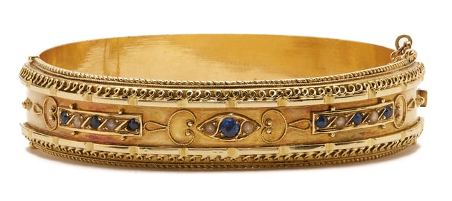 15K Gold Victorian Sapphire & Pearl Cuff Bracelet
