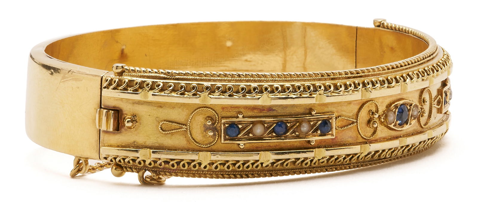 15K Gold Victorian Sapphire & Pearl Cuff Bracelet - 3