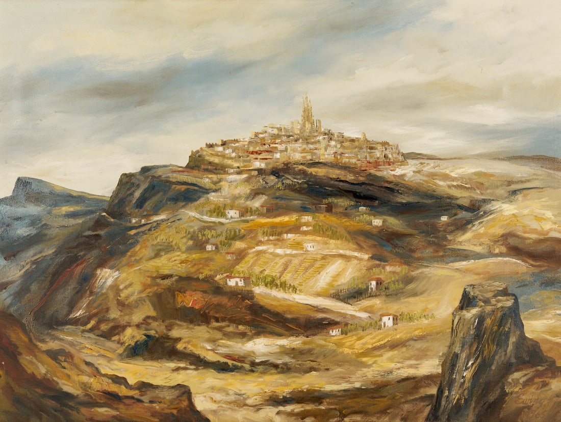 C. Kermit Ewing O/C Spanish or Holy Land Landscape, Southern Stairs: Charles Kermit “Buck” Ewing (Tennessee, 1910-1976) oil on canvas Spanish or Holy Land mountain landscape painting titled "Southern Stairs"