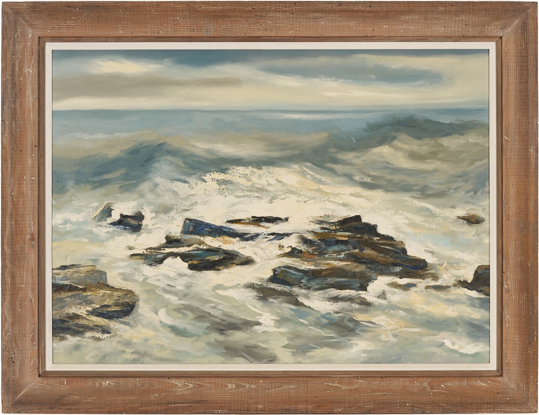 Large C. Kermit Ewing O/C Seascape Painting, 1964: Charles Kermit "Buck" Ewing (Tennessee, 1910-1976) oil on canvas expressionist seascape depicting waves breaking on rocks under a tranquil sky and rendered in muted colors of
