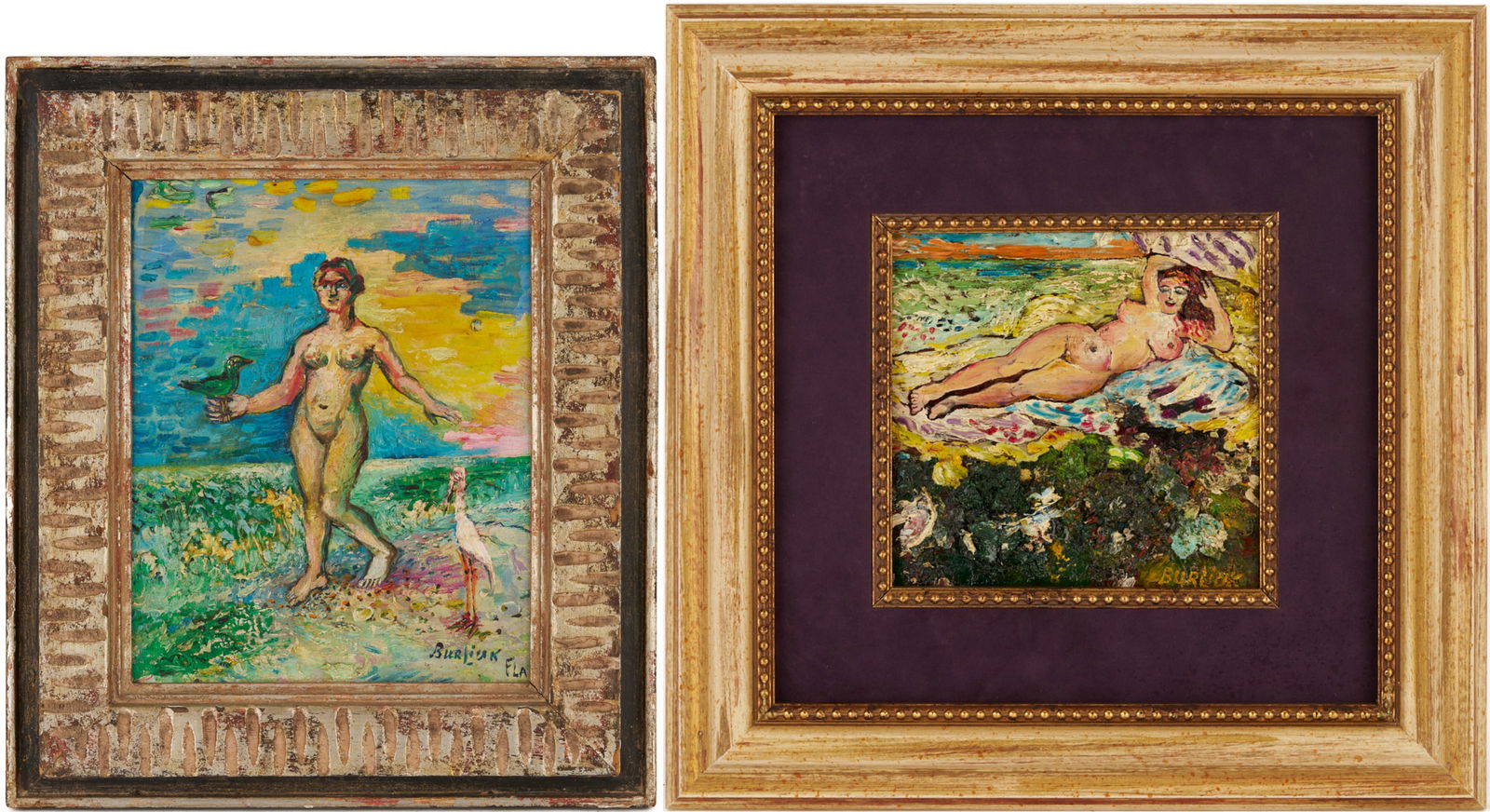 2 David Burliuk Oil Paintings, Nudes by the Sea Incl. Florida: Two (2) David Davidovich Burliuk (New York/Russian Federation/Ukraine, 1882-1967) paintings of female nudes in coastal landscapes. Item 1: Oil on canvasboard painting with a nude woman who walks