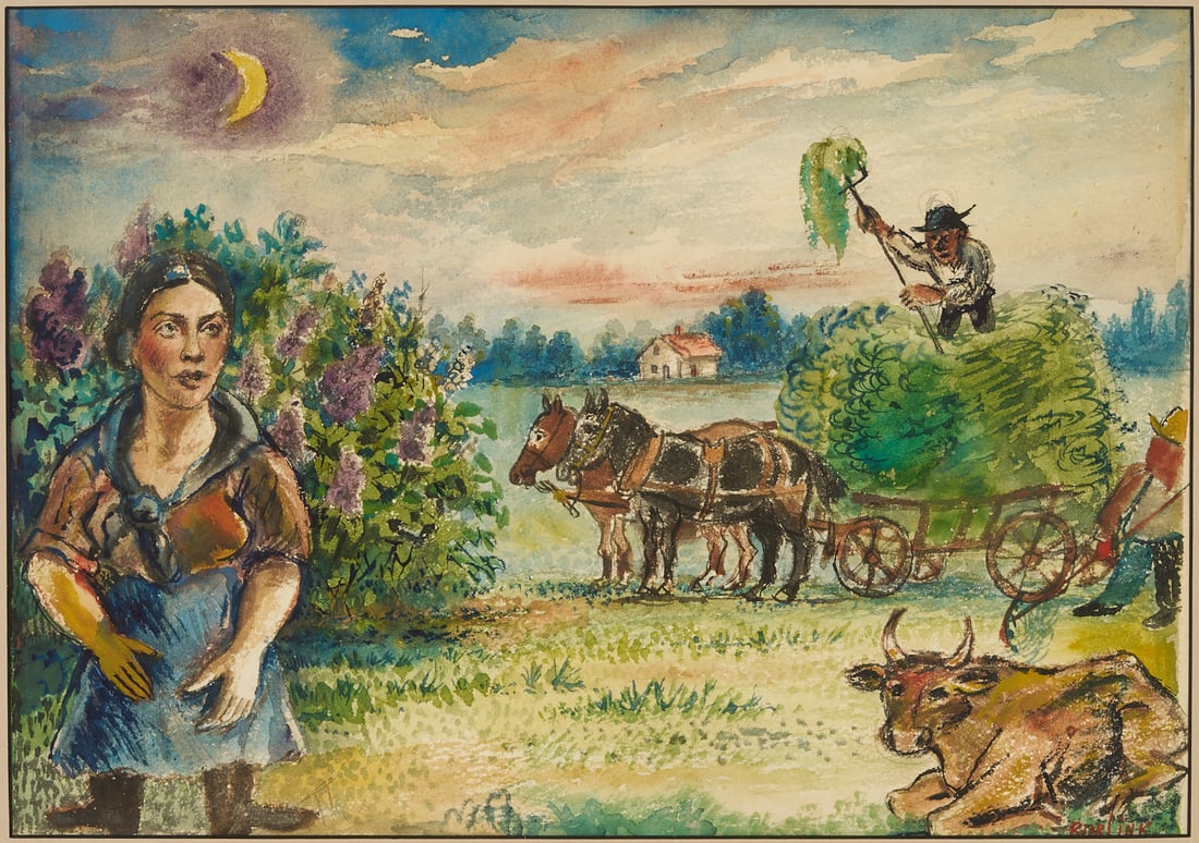 David Burliuk Farm Scene W/C Landscape Painting, Haymaking: David Davidovich Burliuk (New York/Russian Federation/Ukraine, 1882-1967) watercolor on paper farm landscape painting with a dark-haired woman at left and two farmers who pile fresh hay