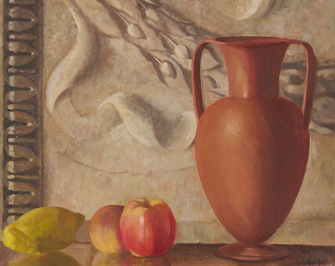 George Ault O/B Still Life Painting: George Copeland Ault (American, 1891-1948) oil on board still life painting depicting a tall terracotta vase, lemon, and two apples on a tabletop, set against a relief carving or grisaille painting