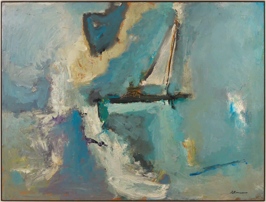 Large Sterling Strauser Expressionist Painting w/ Sailboat: Sterling Strauser (American, 1907-1995) large expressionist oil on board painting featuring a sailboat surrounded by waves, rendered in thick, gestural brush strokes. Signed lower right. Housed in a