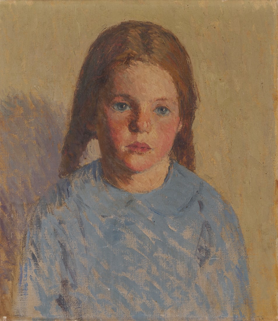 O/C Portrait of a Girl, Nancy Winslow Squire Hitch: American School, circa 1920, oil on canvas portrait of Nancy Winslow Squire Hitch (b. 1913), at about age 9, wearing a blue dress with collar and her auburn hair in pigtails. Signed lower ri