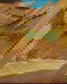 F. Luis Mora O/C Spanish Village Street Scene Painting