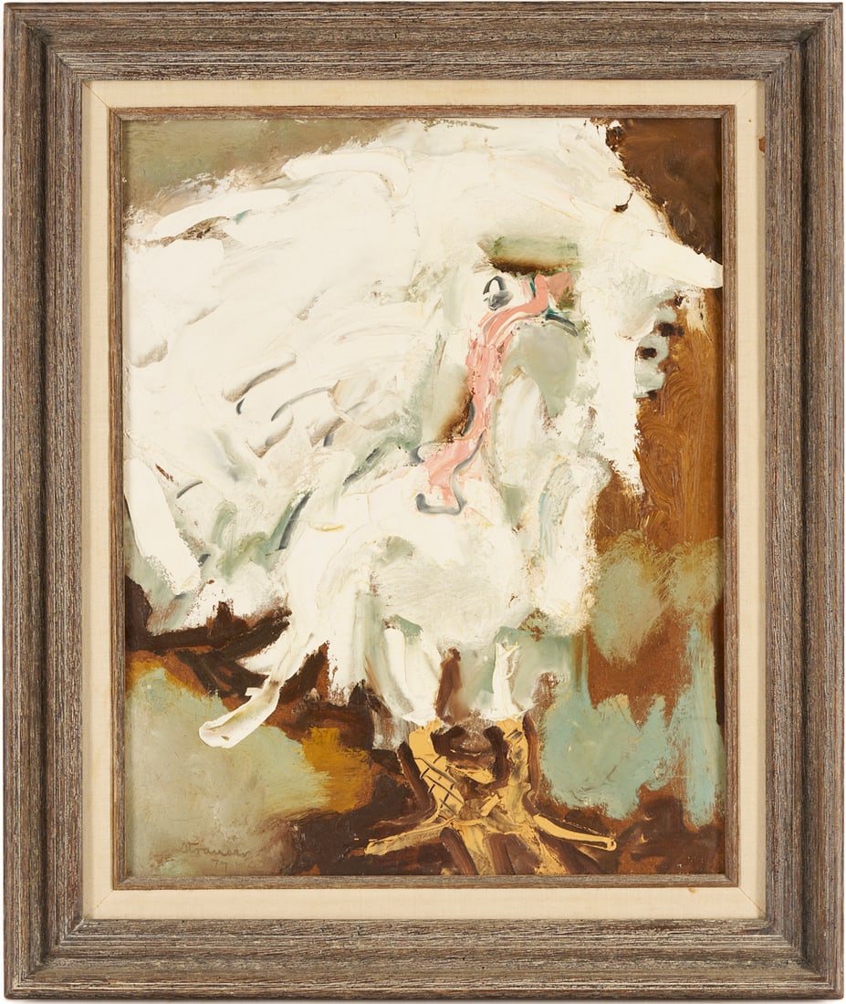 Sterling Strauser O/B, White Turkey: Sterling Strauser (American, 1907-1995) oil on board painting of a white turkey, rendered in thick palette knife strokes, against an indistinct background. Signed "Strauser" a
