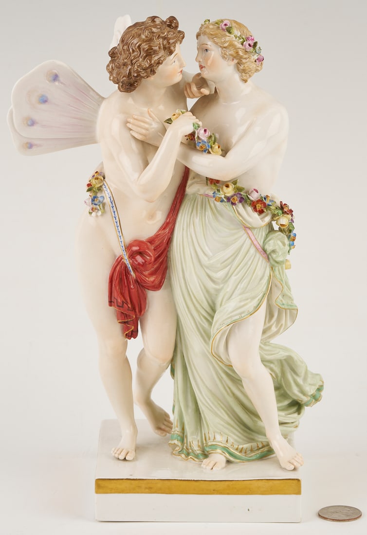 Meissen Porcelain Figurine, Eros and Psyche, plus Lamp: Meissen porcelain figural group depicting the Greek god of love, Eros or Cupid, with the mortal princess Psyche, both draped with a trailing floral garland. Meissen blue crossed swords mark and i