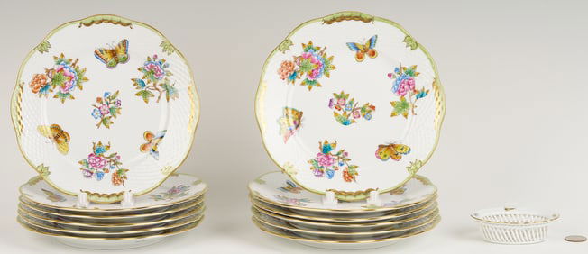 13 Pcs. Herend Porcelain, 12 Queen Victoria Salad Plates & 1 Rothschild Bird Open Weave Basket,