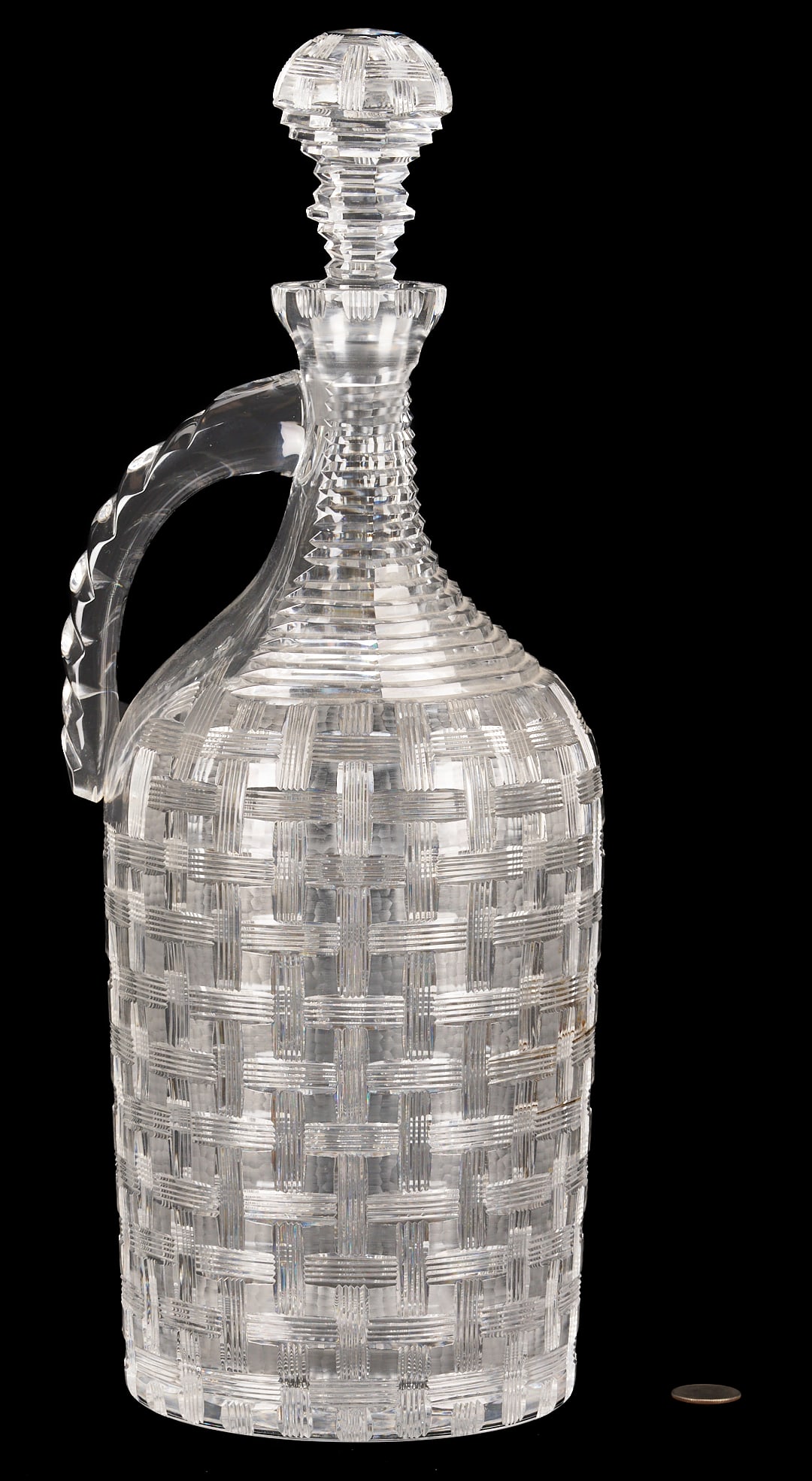 Large William Yeoward Crystal Decanter: Large William Yeoward crystal decanter or carafe in the Chloe Pattern. Basketweave design with ribbed handle and hexagonal stopper with domed top. Signed on the underside. 15 in. H. 20th