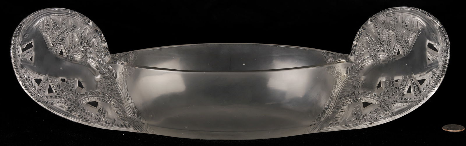 R. Lalique Saint-Hubert Jardiniere, No. 3461: R. Lalique Saint-Hubert Jardinière, of clear and frosted glass; boat-shaped form featuring pierced-design gazelles on the ends. Wheel-engraved "R LALIQUE FRANCE"