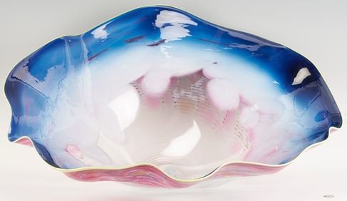 Dale Chihuly Macchia Art Glass Sculpture in Blue, Pink, & White w/ Yellow Lip