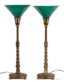 Pair Bradley & Hubbard Art Deco Lamps, Green Shades