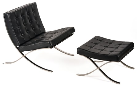 Labeled Knoll Barcelona Chair & Stool, Mies van der Rohe Design, 2 of 3