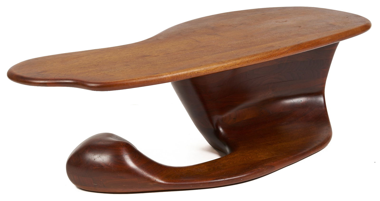 Mid Century Walnut Coffee Table, Style of Robert Worth or Wendell Castle: A sculptural Mid-Century stack-laminated walnut low or coffee table in the style of Robert Worth (American, 1943-2015) or Wendell Castle (American, 1932-2018). Unsigned. Possibly created by