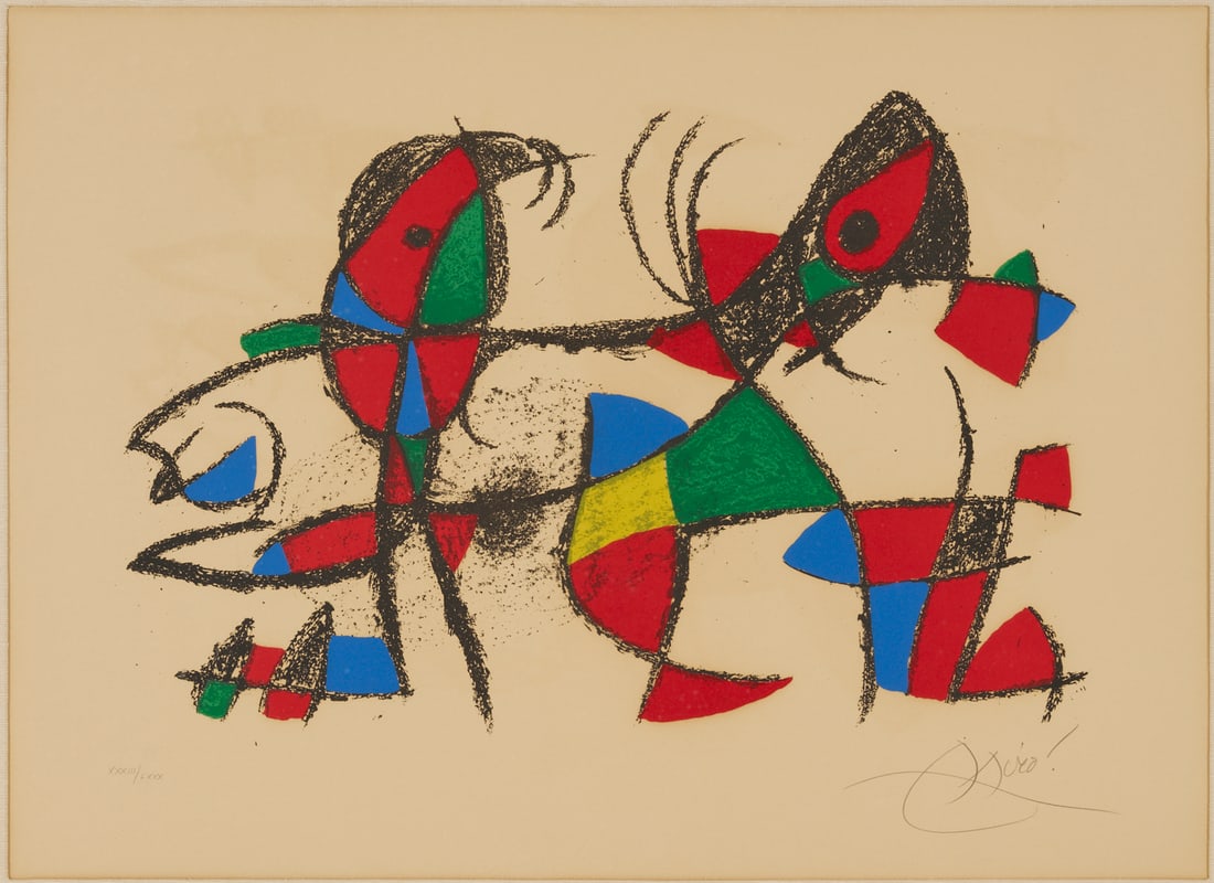 Joan Miro Signed Lithograph, Lithograph X AKA Dolphin & Parrot: Joan Miro (Spanish, 1893-1983) abstract lithograph on Arches wove paper, “Lithograph X” AKA "Dolphin and Parrot," from Lithographs II, 1975. Published by Leon Amiel, New Yor