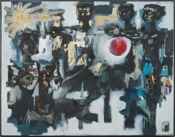 Large Dimitris Perdikitis O/C Painting, Greek Dancers, 1959