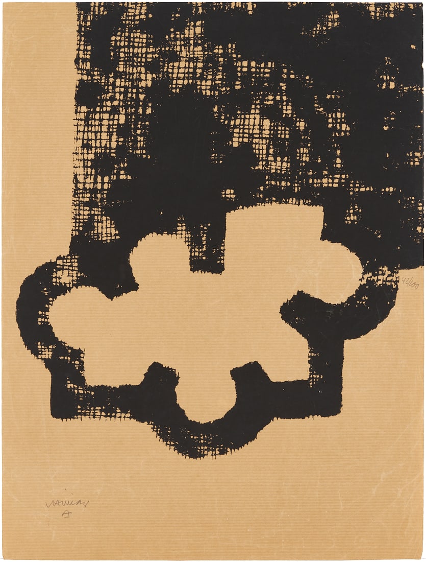 Eduardo Chillida Signed Serigraph, Casa de Goya: Eduardo Chillida (Spain, 1924-2002) abstract screen print on Kraft paper, "Casa de Goya," 1983. Pencil signed lower left and numbered 42/100, center right. Ref.: Van der Koelen 83021. Unframed. Housed