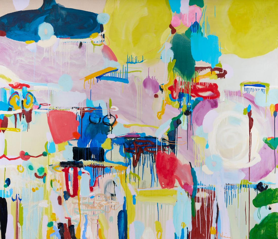 Large Priscilla Heine Oil on Linen Abstract Painting: Priscilla Heine (American, b. 1956), "To Water," large oil on linen abstract painting featuring vibrant swaths of diverse colors applied in a variety of textures and techniques. Signed lower right and