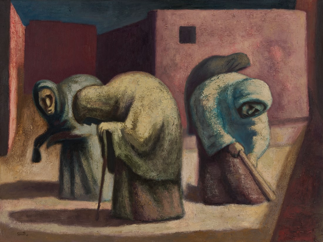 Jose Chavez Morado Large O/C Painting, Ancianas: Jose Chavez Morado (Mexican, 1909-2002), "Ancianas," oil on canvas painting depicting four elderly peasant women hunched over various tasks in the midst of a village setting. Signed lower left and dat