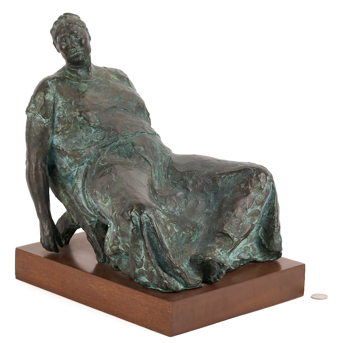 Francisco Zuniga Bronze Sculpture, Evelia en Una Butaca, 1972: Francisco Zuniga (Mexican, 1912-1998), Evelia en Una Butaca / Butaque, also known as Juchiteca en la Silla/ en una Silla (1972), bronze sculpture depicting a woman leaning back in a chair with her leg