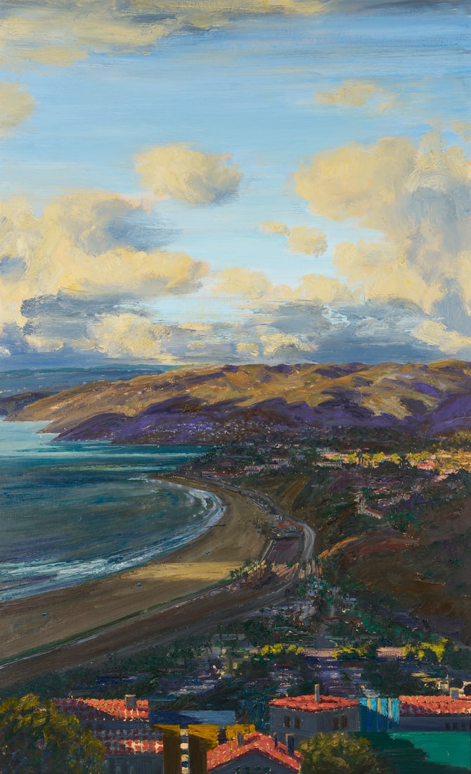 Large Larry Cohen O/C California Landscape Painting, View of the Bay, Pacific Palisades: Larry Cohen (California, b. 1952) oil on canvas bird's-eye cityscape painting, "View of the Bay, Pacific Palisades," 1991. Los Angeles's Pacific Palisades neighborhood and Santa Moni