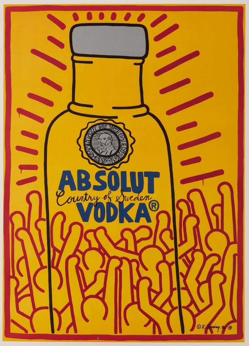 Keith Haring Absolut Vodka Pop Art Advertising Lithograph, Absolut Haring, 1986: Keith Haring (American, 1958-1990) offset lithograph advertisement poster after the artist's 1986 painting, "Absolut Haring." Red lines radiate from a liquor bottle that stands before a