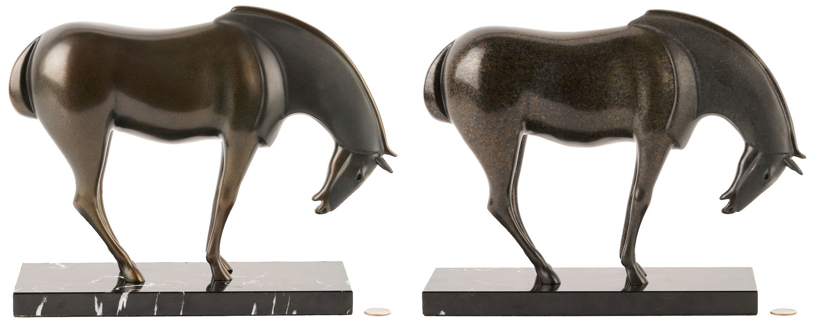 Pr. Loet Vanderveen Armored Horse Bronze Sculptures: Two (2) Loet Vanderveen (California, New York/Netherlands, 1921-2015) patinated bronze sculptures. Both titled "Armored Horse" and depicting a Tang-style horse with bowed head, each wit