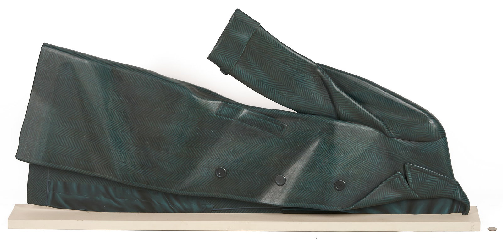 Ron Isaacs Trompe L'oeil Half Coat Sculpture: Ron Isaacs (Kentucky/Ohio, 20th century) acrylic on birch plywood Trompe L'oeil sculpture titled "Halfcoat" depicting the vertical half of a textured blue peacoat, mounted onto a white wood base.