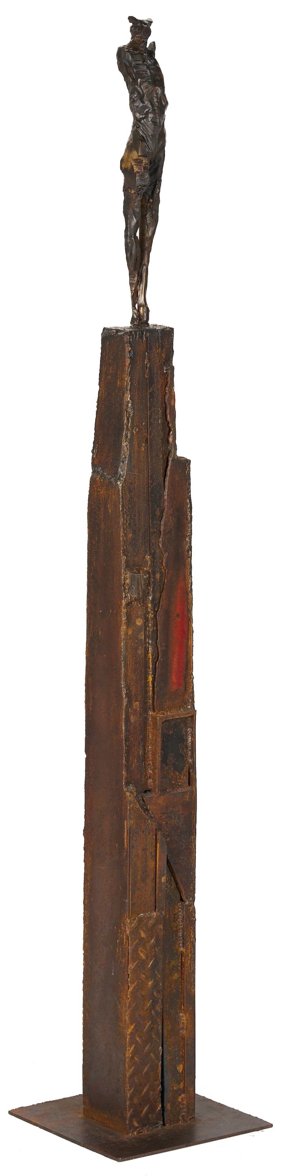 Large Russell Whiting Bronze Sculpture, Minotaur: Russell Whiting (American/Louisiana, b.1955), Minotaur, 2001, large carved and welded patinated steel and bronze sculpture depicting an elongated minotaur figure on a tall