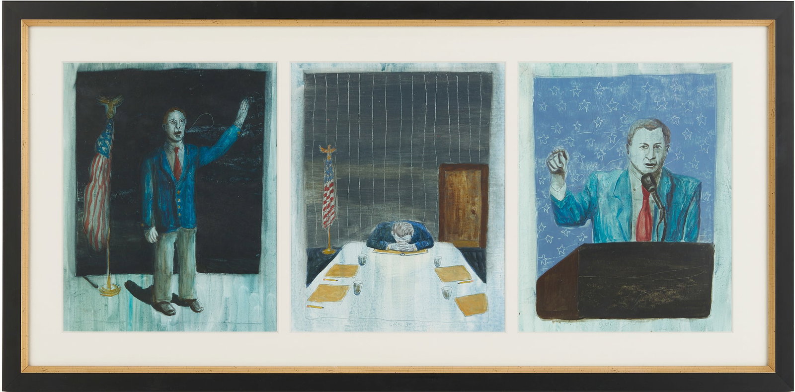 Charles Keiger Triptych Paintings: Three paintings by Charles Keiger (Georgia/North Carolina, b. 1957), gouache on paper, each depicting an American politician. He stands by the flag and speaks forcefully at a podium in two, and in