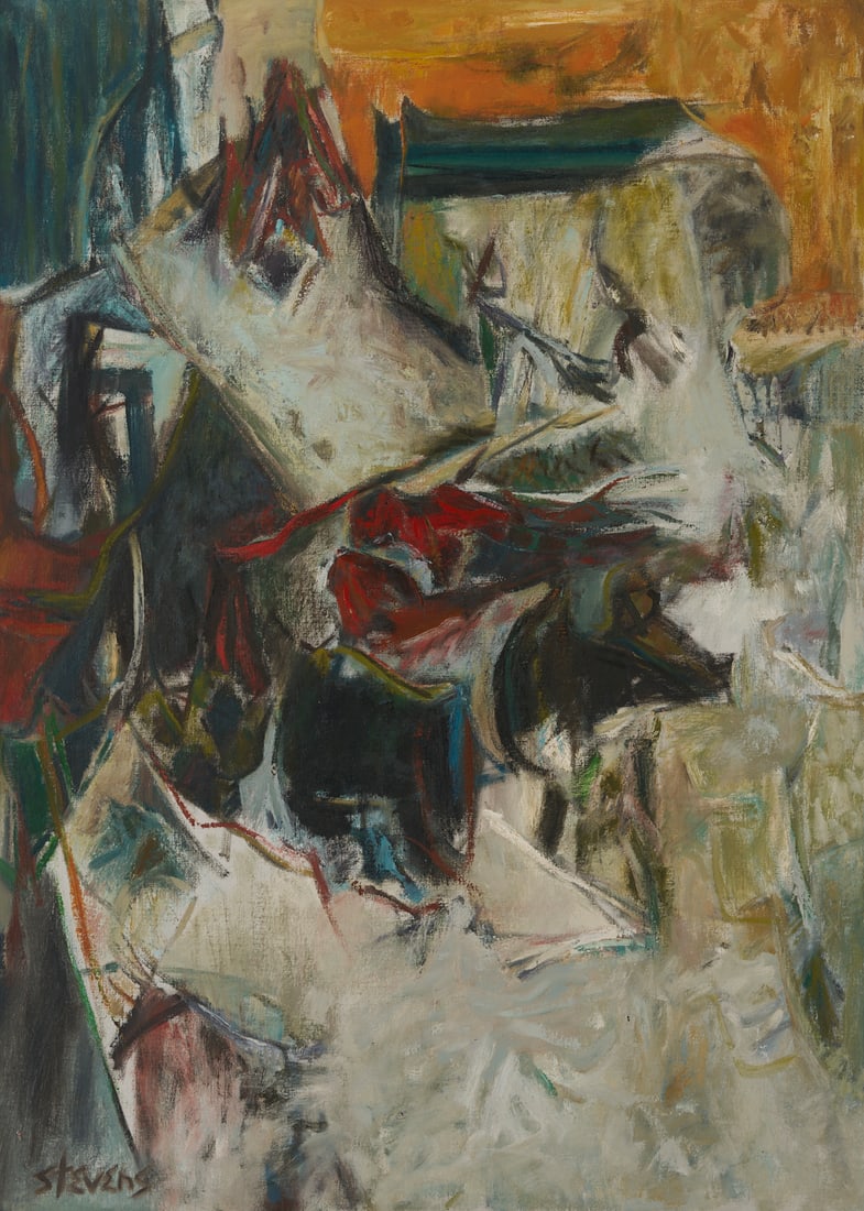 Large Walter Hollis Stevens Oil Painting, Cascade: Walter Hollis Stevens (Tennessee, 1927-1980) oil on burlap abstract expressionist painting, "Cascade," c. 1960. Subdued blue-grey tones, darker shades of grey, and black elements