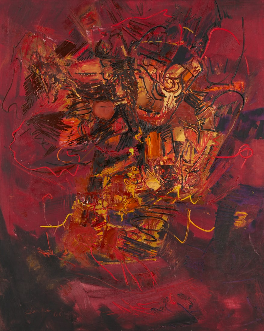 Large Richard Clarke O/C Painting, The Fighter, 1960: Richard Clarke (American/Tennessee,1923-1997) oil on canvas abstract expressionist painting, "The Fighter" 1960. Passages of heavy impasto -- primarily in red, black, and yellow and