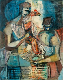 Robert Birdwell O/C Expressionist Figural Painting, Men w/ Chickens