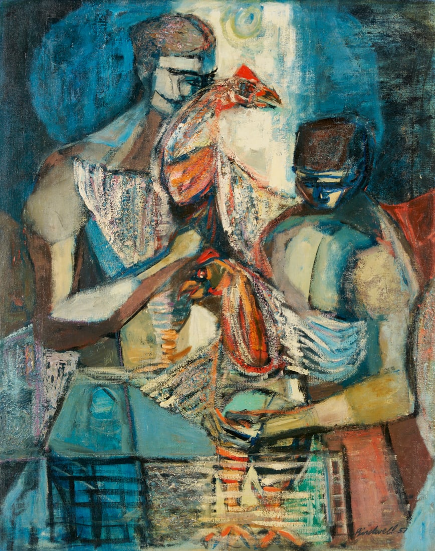 Robert Birdwell O/C Expressionist Figural Painting, Men w/ Chickens: Robert Birdwell (Tennessee, 1924-2016) oil on canvas painting with two stylized figures, each of whom hold chickens, 1957. The figures and background space consist of geometric shapes