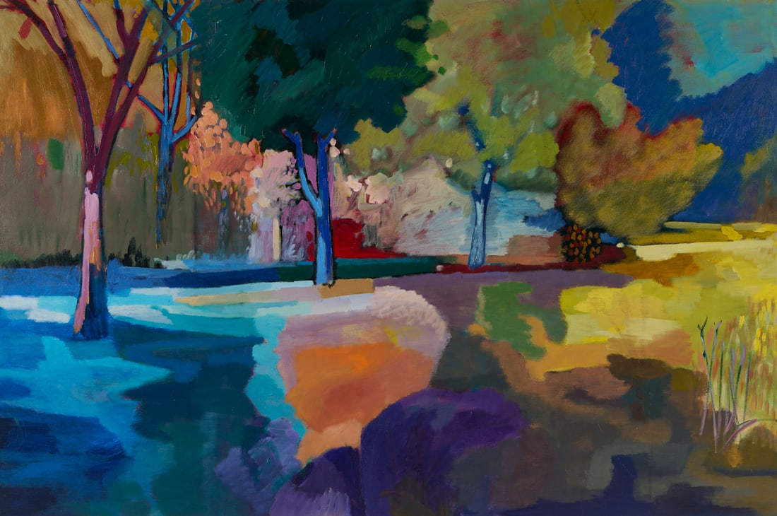 Russell Vogt O/C Painting, Life in the Afternoon: Russell Vogt (American, 20th century) large oil on canvas painting titled "Life in the Afternoon" that depicts a vibrantly hued, wooded landscape. Signed and dated 3/93 en verso and