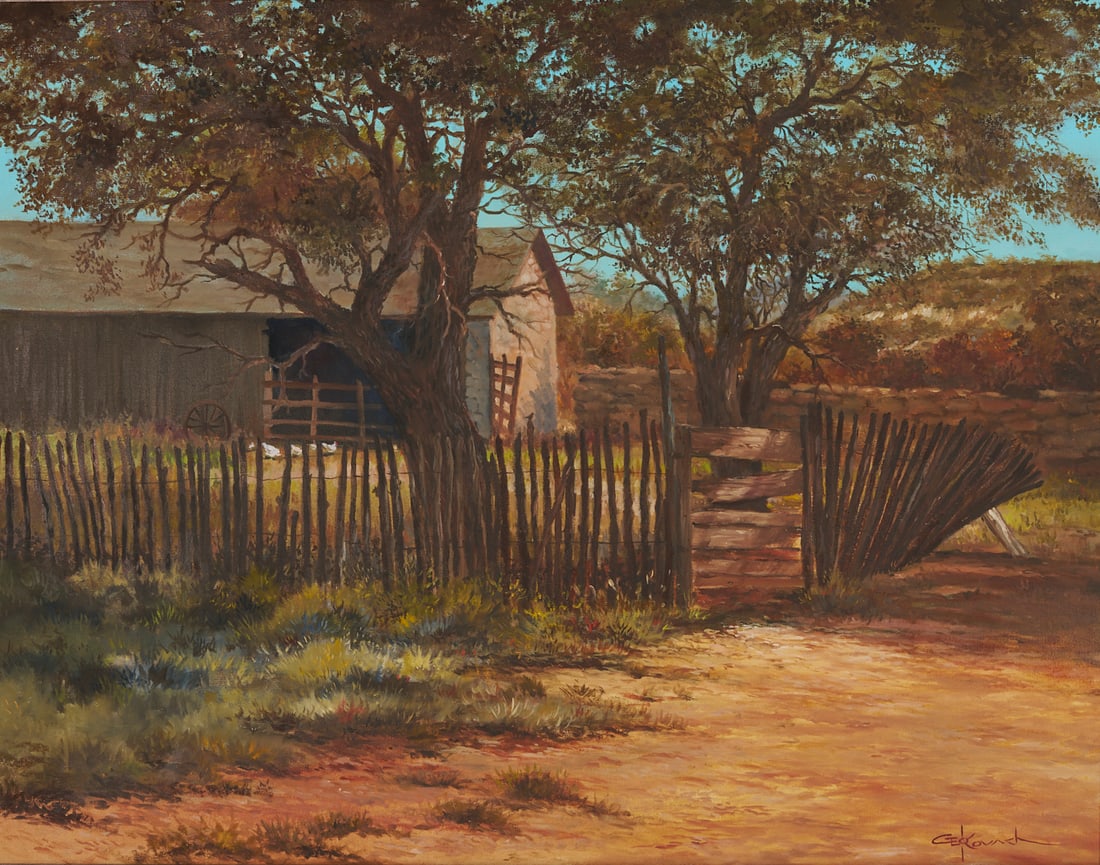 George Kovach O/C Painting, Texas Farmstead: George Kovach (American/Texas, b. 1942) oil on canvas Texas landscape painting depicting a farmyard with an old fence that runs before a barn. A few chickens stand in the yard