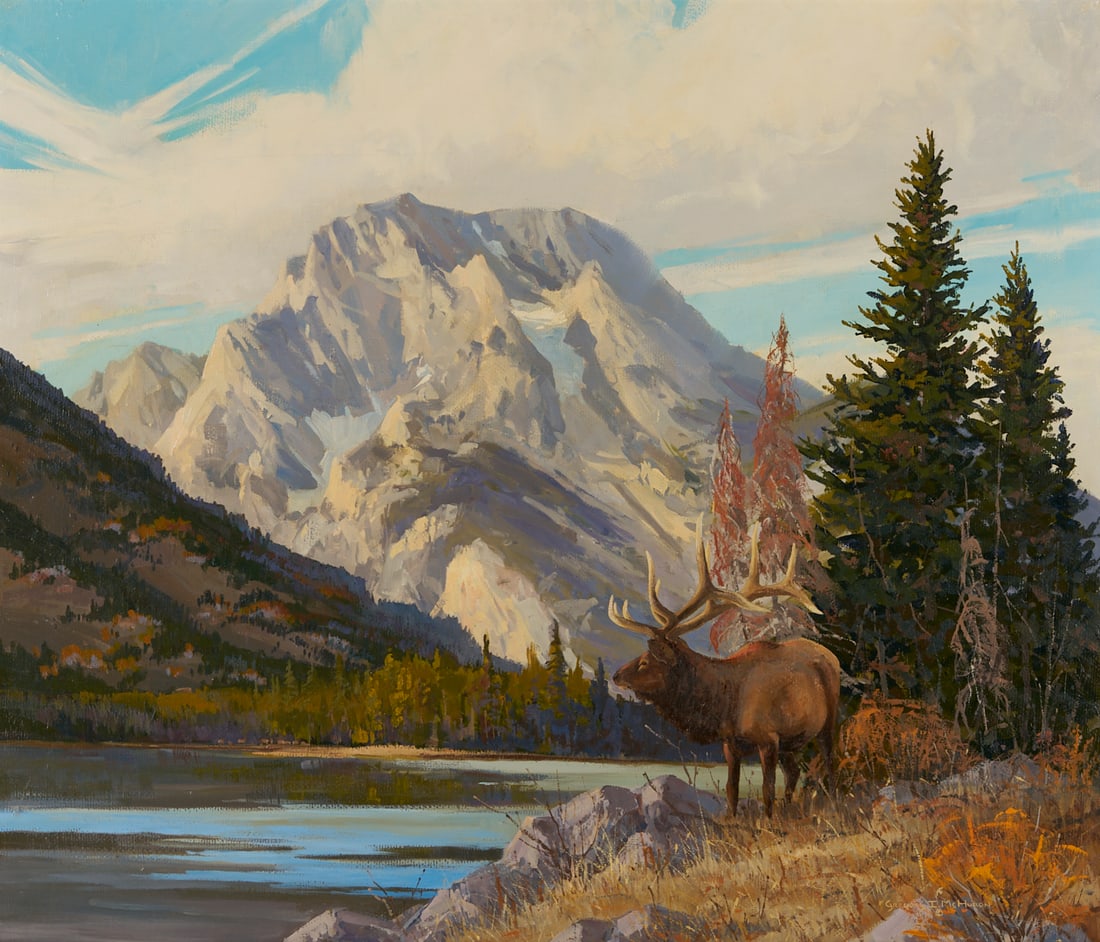 Greg McHuron O/C Western Landscape Painting with Elk: Gregory I. McHuron (American/Wyoming, 1945-2012), "Time to Gather," oil on canvas landscape painting depicting an elk standing beside a placid body of water. Light illumines mountains