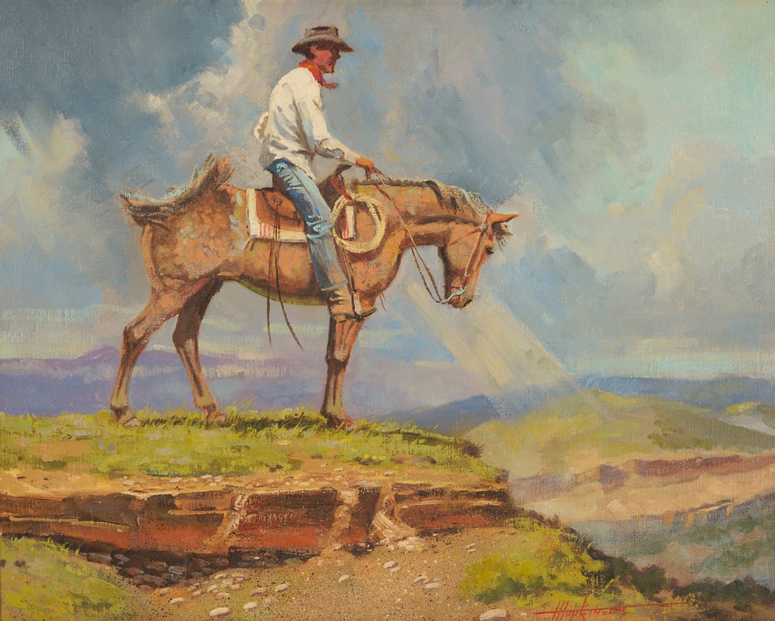 Harold Hopkinson O/C Western Painting, Up on the Mesa: Harold L. Hopkinson (American, 1918-2000) oil on canvas Western landscape titled "Up on the Mesa: Cloud Dramatics," depicting a cowboy on horseback peering down over a valley as storm